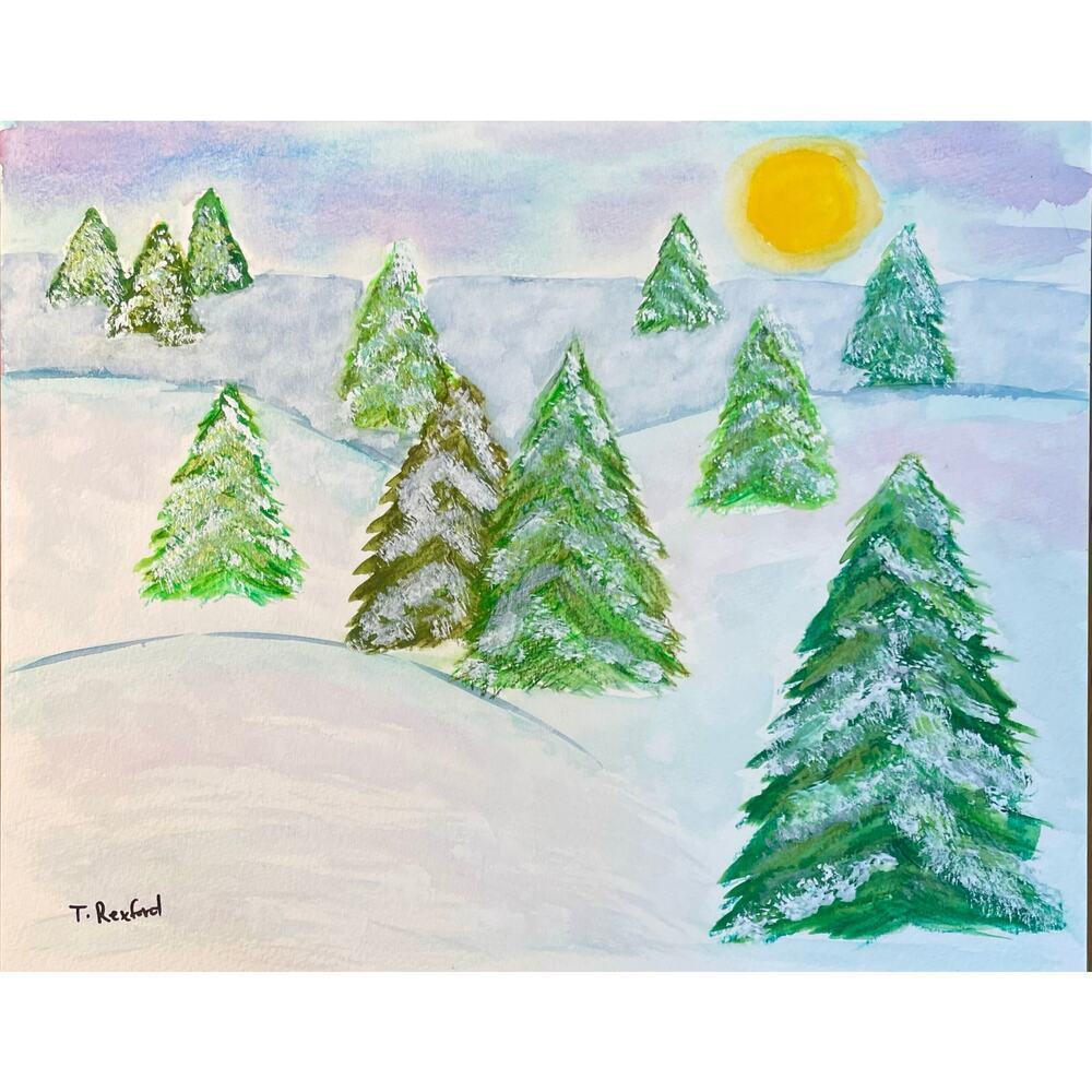 Hand painted watercolor original painting winter scene with trees and snow